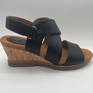 EuroSoft by Sofft Black Faux Leather Shandra Cork Wedge Sandals Size 6.5